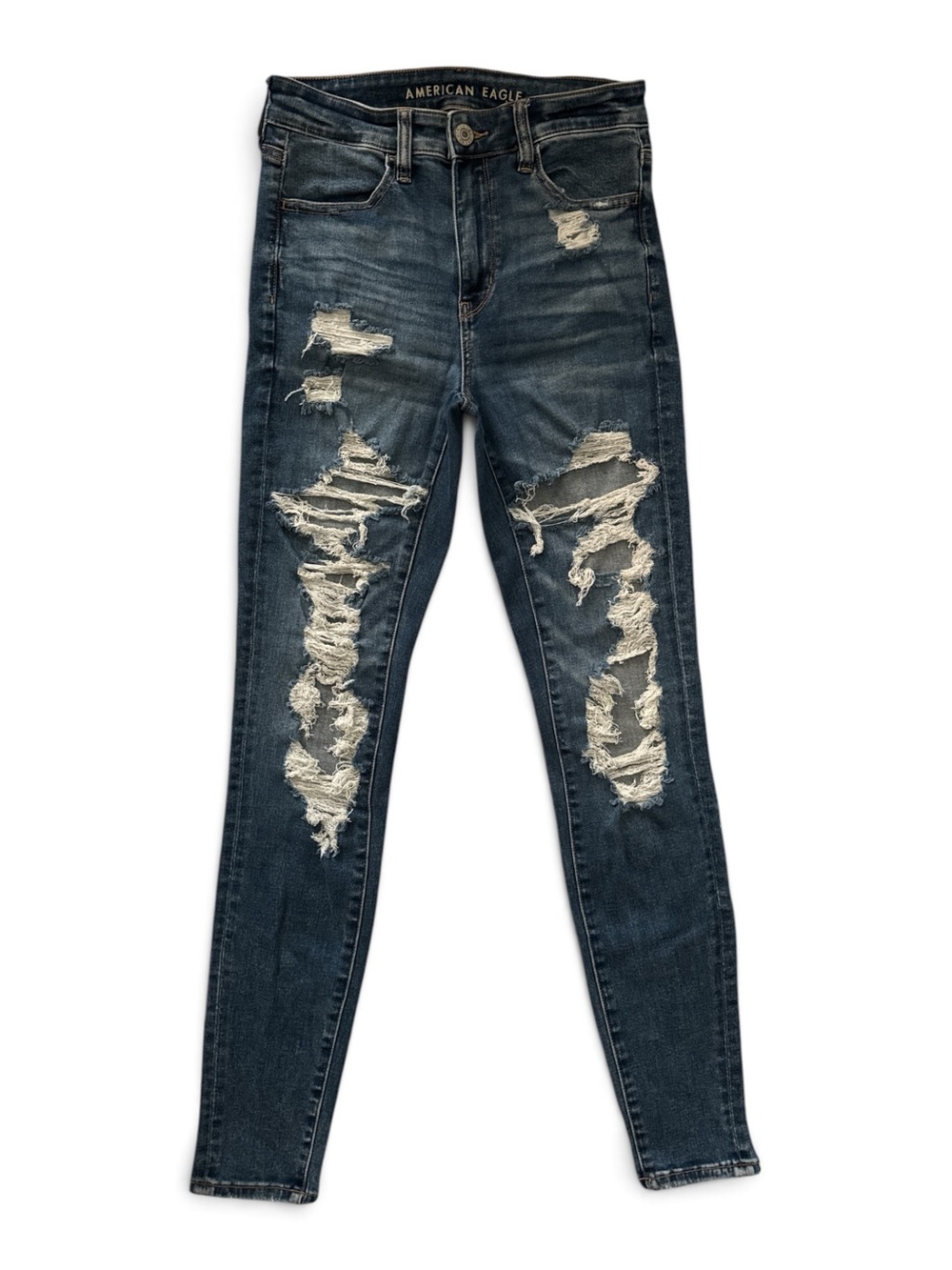 American Eagle Outfitters Ripped Dark Blue High-Rise Skinny Jeans - Picture 3 of 5